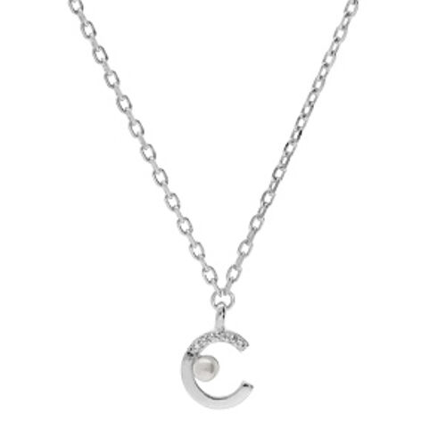 Collier Argent Rhodié Pendentif Demi Cercle Perle Imitation Blanche Et Oxydes Blancs Sertis 42+3cm