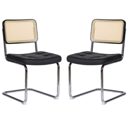W5318P426193, ensemble de deux chaises à manger en tissu de velours noir, en bois de rattan et pieds chromés.Cette chaise moderne, conçue par Braun, offre un confort optimal grâce à des coussins
