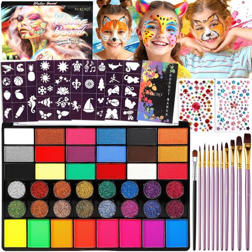 Kalanka-Palette Maquillage Enfant, Palette Maquillage Halloween Enfant, Maquillage Carnaval Pour Visage, Avec 11 Pinceaux, 4 Pochoir Maquillage, 2 Autocollants, Peinture Corporelle 