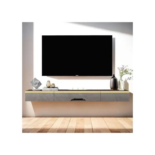 Meuble TV mural suspendu en bois contreplaqué 3 portes, 120 x 26 x 17 cm, hydrofuge, passages de câbles haut/bas, pour salon