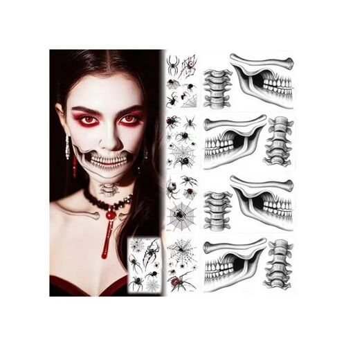 Tatouages Temporaires Halloween Visage - Lot De 9 Feuilles Motifs Araignée Et Squelette - Maquillage De Fête Réaliste