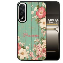 Coque noire pour OnePlus NORD 5 motif bois et fleur prenom