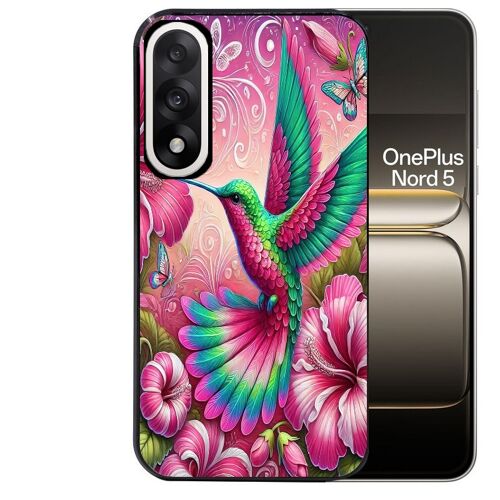 Coque noire pour OnePlus NORD 5 motif colibri et fleurs