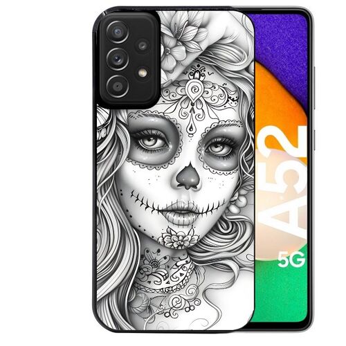 Coque noire pour Galaxy A52 et A52S motif mort calavera tatoo