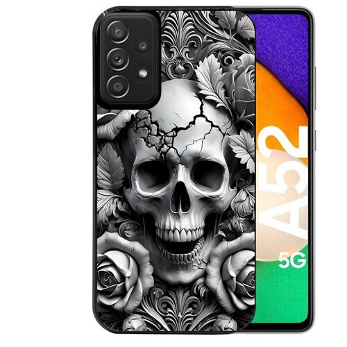 Coque noire pour Galaxy A52 et A52S motif tete de mort fleur