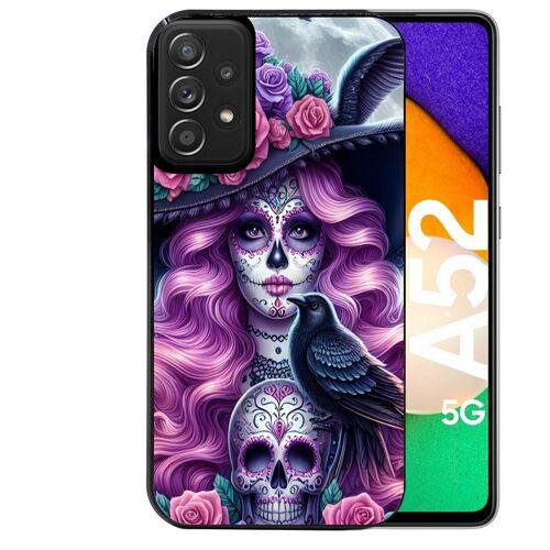 Coque noire pour Galaxy A52 et A52S motif tete de mort calavera et corbeau