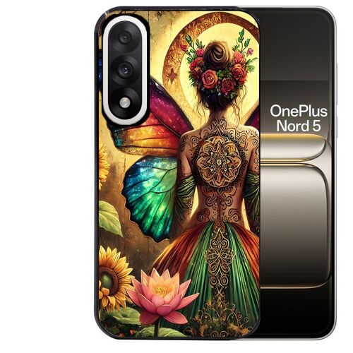 Coque noire pour OnePlus NORD 5 motif fee et fleurs