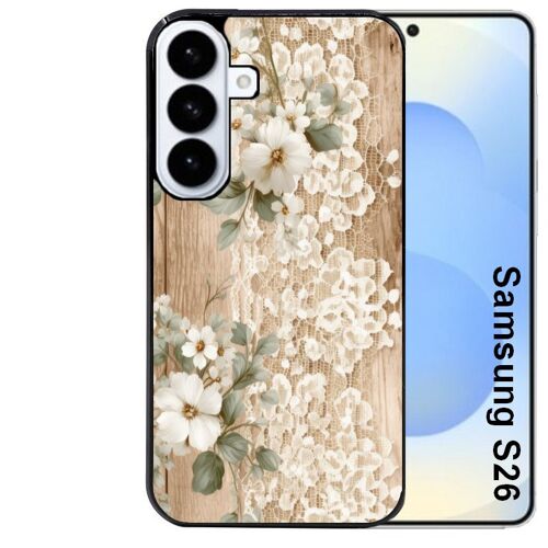 Coque noire pour Galaxy S26 motif bois et dentelle 1