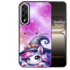 Coque noire pour OnePlus NORD 5 motif licorne magic avec prenom