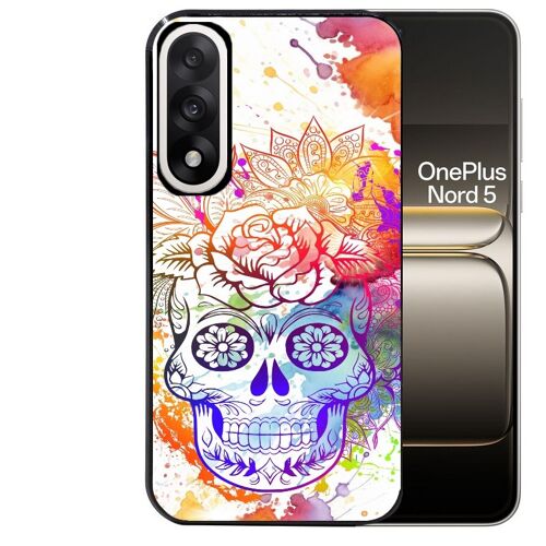 Coque noire pour OnePlus NORD 5 motif mort calavera et fleur