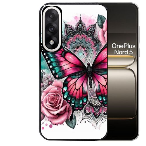 Coque noire pour OnePlus NORD 5 papillon rose