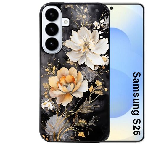 Coque noire pour Galaxy S26 motif fleur blanche