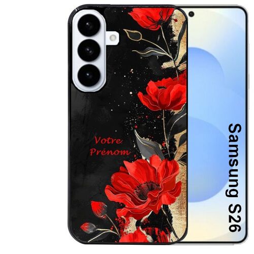 Coque noire pour Galaxy S26 motif fleur rouge avec prenom