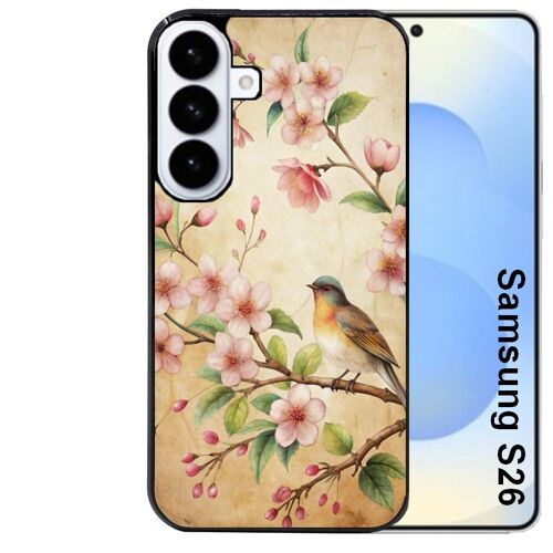 Coque noire pour Galaxy S26 motif fleur et colibri