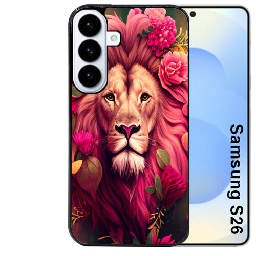 Coque noire pour Galaxy S26 lion fleur rose