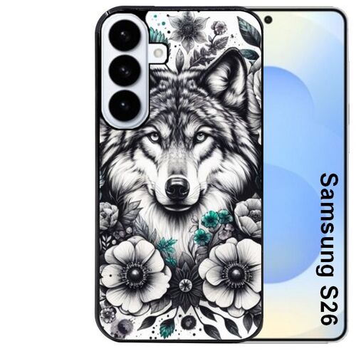 Coque noire pour Galaxy S26 loup et fleur