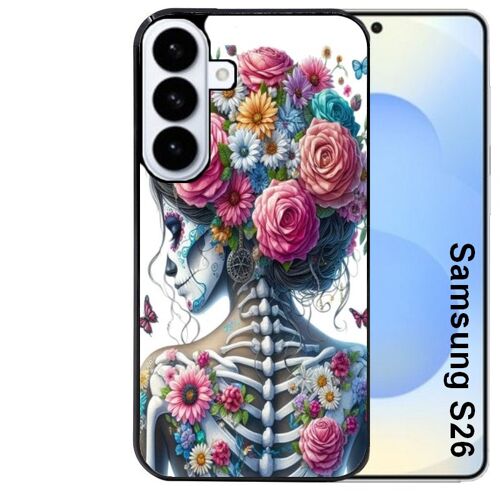 Coque noire pour Galaxy S26 tete de mort calavera papillon
