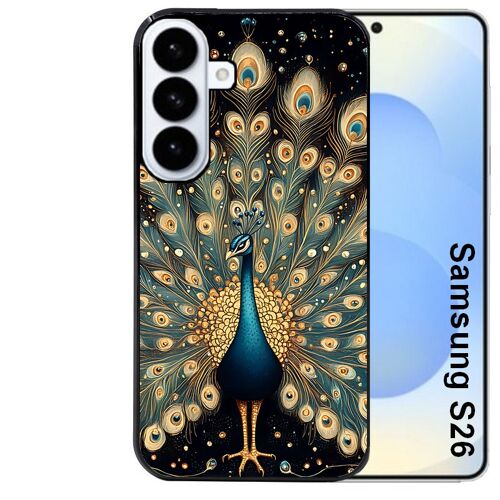 Coque noire pour Galaxy S26 motif paon mandala