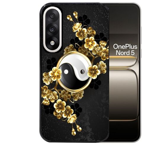 Coque noire pour OnePlus NORD 5 motif yin yang et fleur