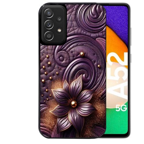 Coque noire pour Galaxy A52 et A52S motif effet cuir fleur