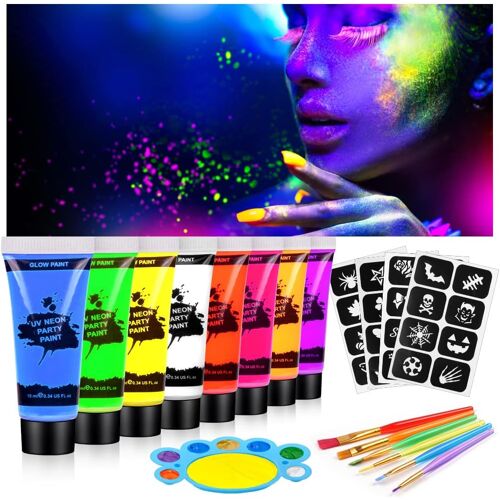 Kalanka-Peinture Visage Corps Kit 19pcs, Peinture Corporelle, 8 * 10 Ml Uv Glow Tubes De Peinture Fluorescente Pour Le Visage Et Le Corps, Halloween Noël Maquillage Fluo 