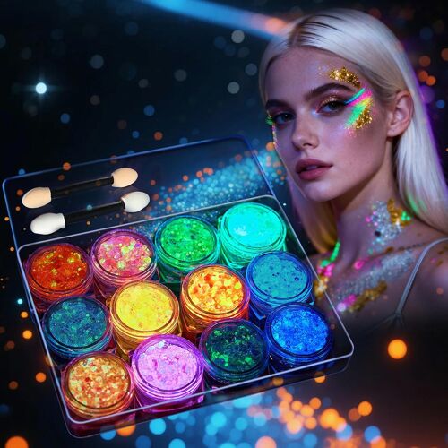 Kalanka-12 Couleurs Festival Paillettes Visage, Fluorescent Paillette, Paillettes Corps Et Visage Matière Sécure Résistante Eau Pour Adultes Soirée Festival Scène Maquillage Carnaval 