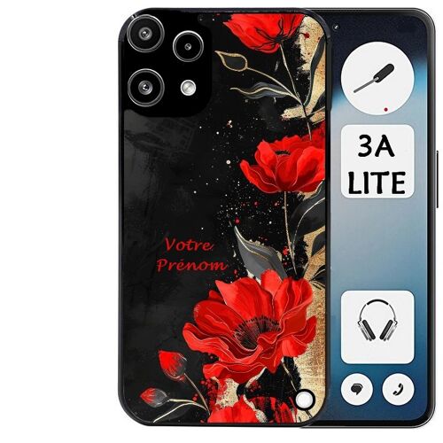Coque noire Taperso pour Nothing phone 3A LITE avec motif fleur rouge avec prenom