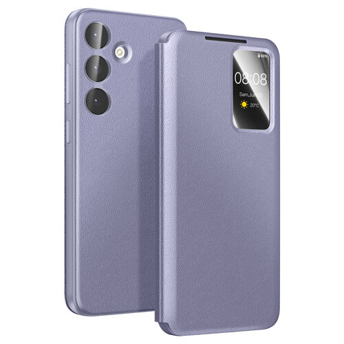 Étui pour Galaxy S25 FE avec Fenêtre Smart View et Porte-carte Gris