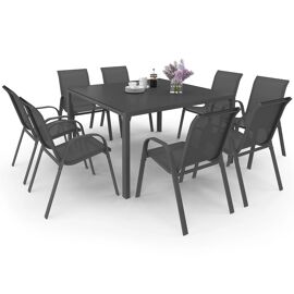 Salon De Jardin Madrid Table Carrée 130 Cm Et 8 Chaises Empilables Gris Anthracite