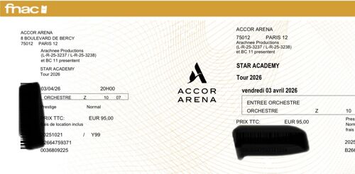 Concert Star Academy Bercy Le 3 Avril 3 Places