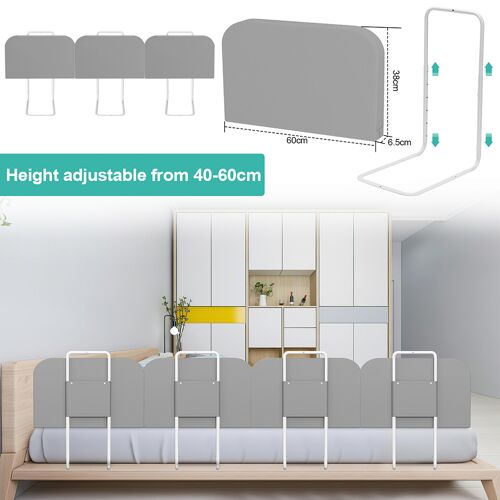 Barrière De Lit Réglable En Hauteur Anti-Chute Tube En Acier Réglable De 40 À 60 Cm Pour Lit D'enfant Lit De Parent 2x60cm Gris