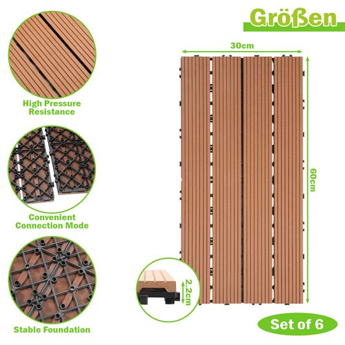 Dalle de terrasse Dalles clipsables en bois Revêtement Carrelage 60 x 30 pour jardin terrasse, Marron 42 pièces