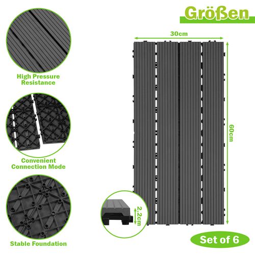 4m² Dalle Terrasse Bois Composite 30x60 cm, Revêtement de sol pour extérieur, Anthracite, Lot de 24