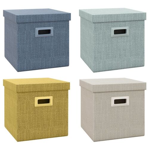 T1005-01-03683 Organisateur de tissu à quatre pièces avec couvercle, 30x30x29 cm, disponible en bleu, beige, vert et gris clair.Disponible avec un panier à linge équipé d'une poignée de corde amovible