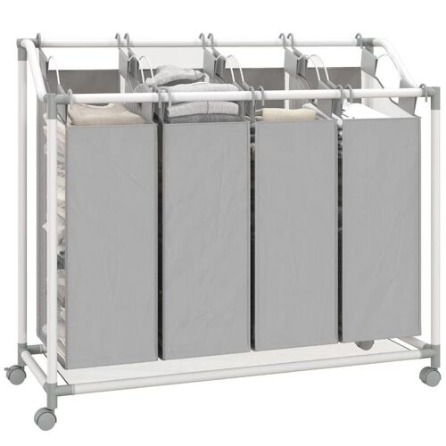 T0002-01-17436 4-compartment laundry basket with 160L wheeled collection tray, removable 97x38x81cm grey Oxford fabric washable inner bag, removable lid, bathroom/room storage box