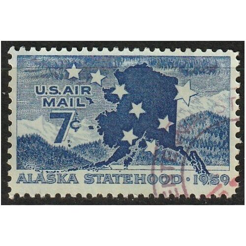 Carte Et Paysage De L'Alaska, Timbre Oblitéré Poste Aérienne Etats Unis 1959 N° 52