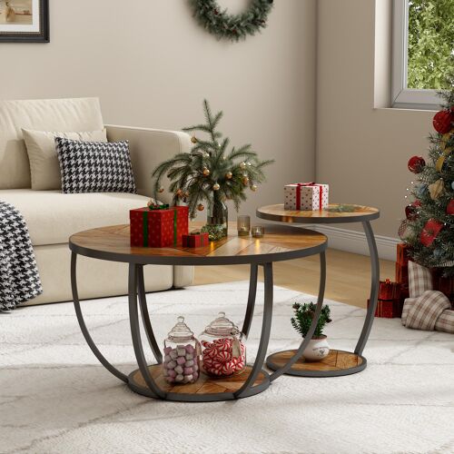 Set of 2 Round Nesting Table, Round Coffee Table with Storage Space, Circular Sofa Side Table with Metal Legs for Living Room, Bedroom (Brown)