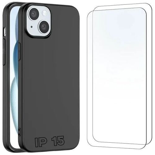 Coque iPhone 15 Silicone Noir + 2 Verres Trempés - Protection Antichoc Anti-Rayures - Housse Étui Téléphone - NONOVIVI