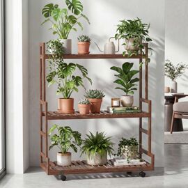 Étagère À Plantes En Bambou Hwc-Q33, Étagère En Escalier Pour Fleurs, 3 Niveaux, Roulettes, 105 X 90 X 38 Cm   Marron