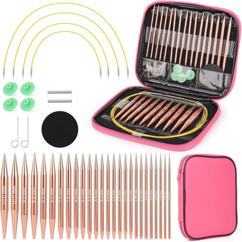 Mevronisshop-13 Paires Aiguilles Circulaires Tricot Interchangeable, 3,0-10,0mm, Kit Tricot Debutant, Aiguille À Tricoter En Aluminium, Aiguille Circulaire Tricot Pour Layette, Pull, Écharpe - Or Ros