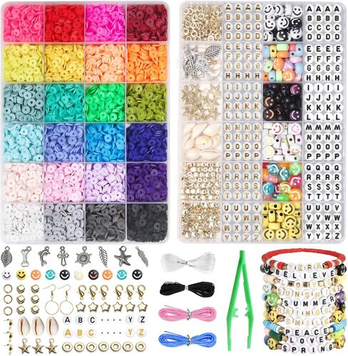 MEVRONISSHOP-7048 Pièces Perles Plates 6mm pour Bracelet DIY ¿ Kit 24 Couleurs avec Lettres & Smiley, Cadeau pour Enfant Adulte