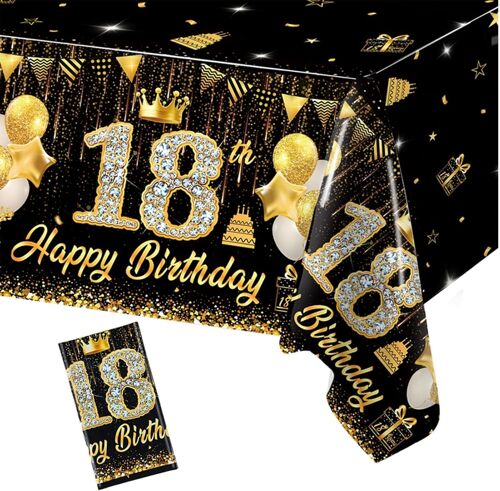 Mevronisshop-Nappe D'anniversaire Noir Doré, 200x130cm, Happy 18th Birthday Nappe, Joyeux Anniversaire 18 Ans Nappe, Déco 18e Anniversaire, Décoration De Table Pour Filles Garçons Fête D'anniversaire