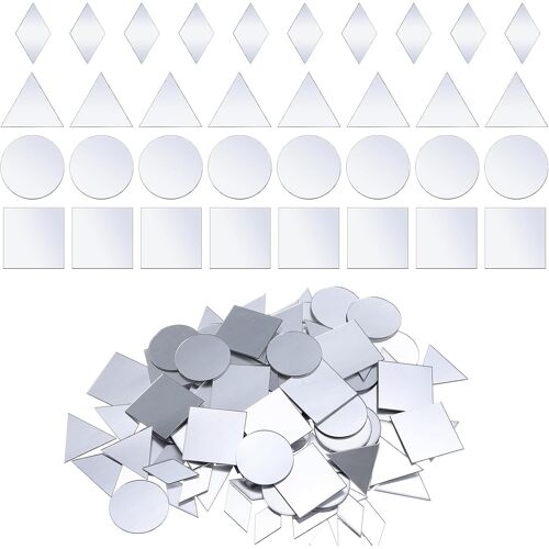 MEVRONISSHOP-Lot de 120 petits miroirs pour travaux manuels, 4 formes : triangle, carré, rond, diamant, carreaux de mosaïque miroir à faire soi-même pour décoration murale à la maison, boules disco