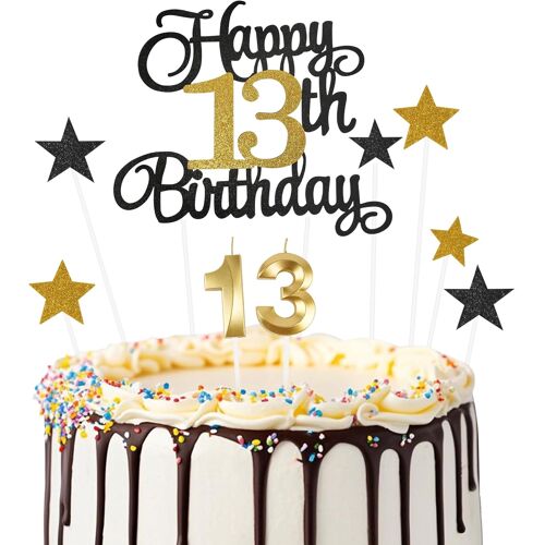 KALANKA-9pcs Décorations de Gâteau « Joyeux 13e Anniversaire », Bougie Numéro 13 pour Gâteau D'anniversaire, Décoration de Gâteau en Forme D'Étoile Noir et Or Pour Fête de D'anniversaire (Or Noir)