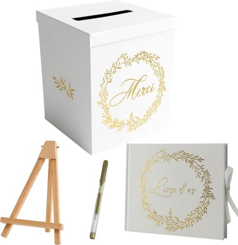 Mevronisshop-Pack Signature Blanc Et Or : 4 Éléments (Urne Merci, Livre D¿Or, Stylo Encre Doré, Chevalet En Bois) Pour Mariage, Baptême, Anniversaire, Départ En Retraite Et Toutes Célébrations