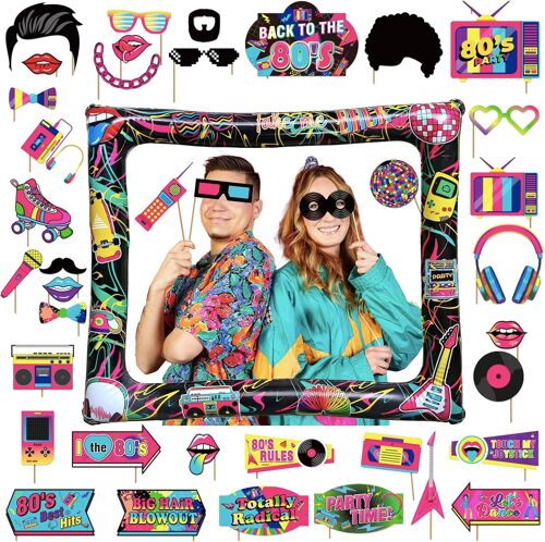 Mevronisshop-Cabine Photo Gonflable Rétro Des Années 80 Avec 40 Accessoires De Photomaton,Accessoire Annee 80 Photo,Annee80 Cadrephoto Pour Selfie Pour Fête Disco Des Années80,Accessoires De Jeu Pour