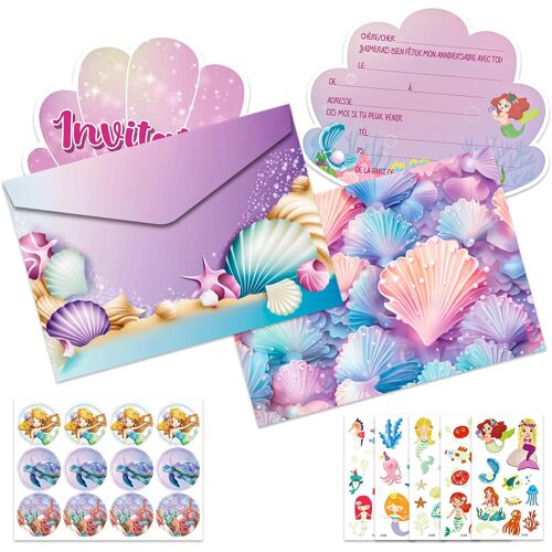 Mevronisshop-Invitation Anniversaire Fille, 12 Cartes D'invitation Sirène Coquillage En Français Avec Enveloppes Et Autocollants, 5 Tatouages De Papillons, Invitation D'anniversaire Enfant Fille