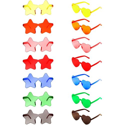 Mevronisshop-14 Paires Lunettes De Fête, Lunettes En Forme De Coeur Et Forme D'étoile, Lunettes Soleil Hippie Sans Monture, Lunettes De Soleil Transparentes Multicolores Pour Fête D'anniversaire, Car