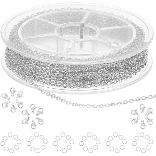 Mevronisshop-Rouleau De Chaîne À Maillons En Acier Inoxydable De 5 M De Long Avec 20 Fermoirs Mousquetons, 50 Anneaux Ouverts Pour Fabrication De Colliers, Boucles D'oreilles, Bracelets (Argent)
