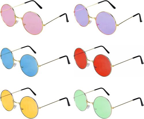 Kalanka-6 Paires Lunettes De Soleil Rondes Hippie Lunettes De Soleil Rondes Multicolores Des Années 60, Lunettes Fête Hippie Style Des Années 60 Pour Vintage Cadeau Fête Costume Déguisement